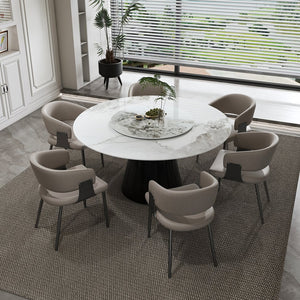 English Elm 59" Round 7-Piece Dining Set - Modern Faux Marble Table With Lazy Susan & 6 Pu Leather Chairs For Home W2700S00038