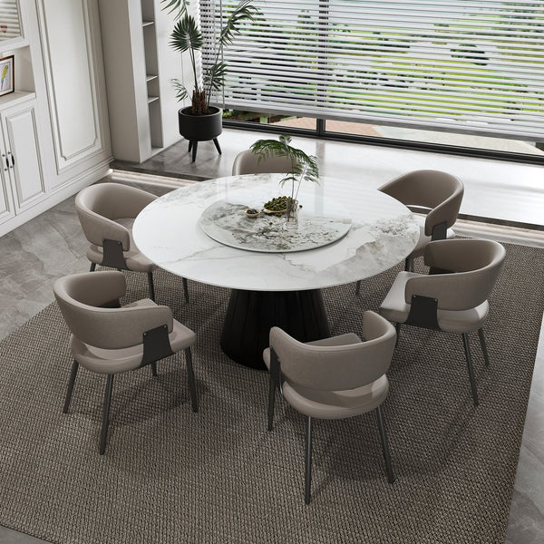 English Elm 59" Round 7-Piece Dining Set - Modern Faux Marble Table With Lazy Susan & 6 Pu Leather Chairs For Home W2700S00038