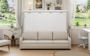 English Elm Queen Murphy Cabinet Bed with Sofa Foldaway, Built-In Shelves, LED Lighting, Space-Saving Beige N7090000603A