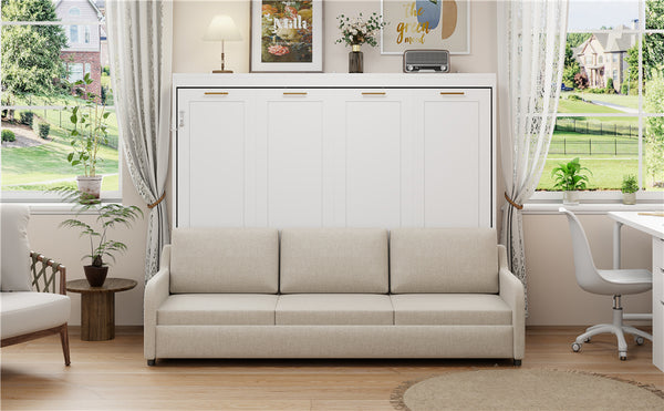 English Elm Queen Murphy Cabinet Bed with Sofa Foldaway, Built-In Shelves, LED Lighting, Space-Saving Beige N7090000603A