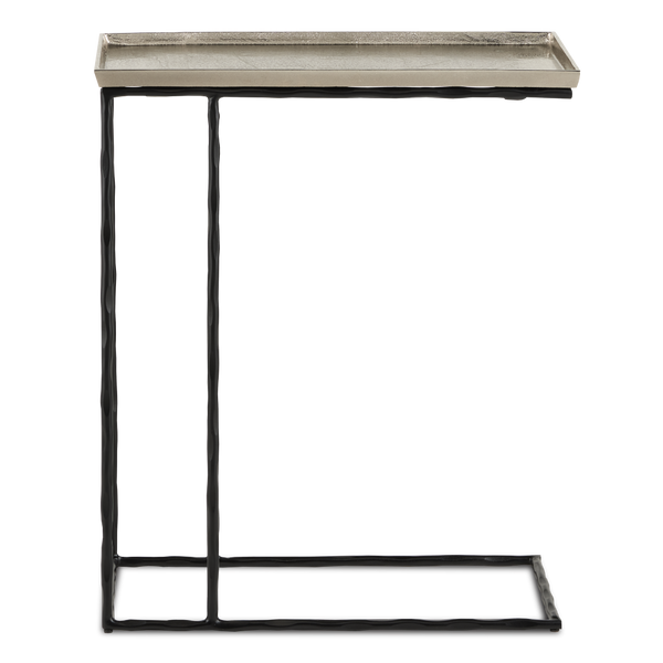 Boyles Silver C Table - Modern Antique Silver Side Table with Wavy Black Iron Base for Chic Spaces