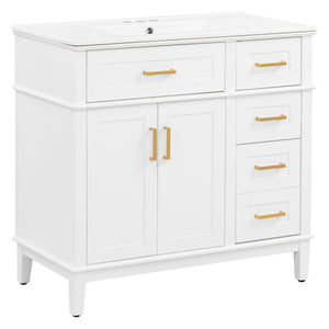 English Elm 36" Navy Bathroom Vanity Solid Wood Frame Ceramic Sink Gold Hardware Soft Close White N729P380151K