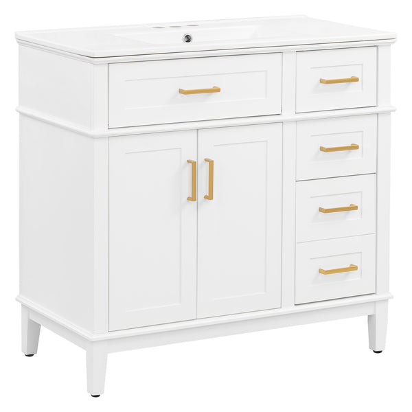 English Elm 36" Navy Bathroom Vanity Solid Wood Frame Ceramic Sink Gold Hardware Soft Close White N729P380151K