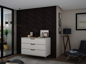 English Elm Rockefeller 35" Dresser with 3 Smooth-Glide Drawers, Metal Splayed Legs, TV-Ready Storage, Anti-Tip Off White B365P398129