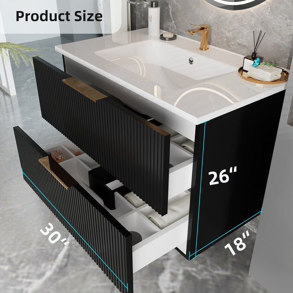 English Elm 075 Floating Wall Mounted Bathroom Vanity Cabinet with Soft Close Drawers Matte Finish Black W3520P345974