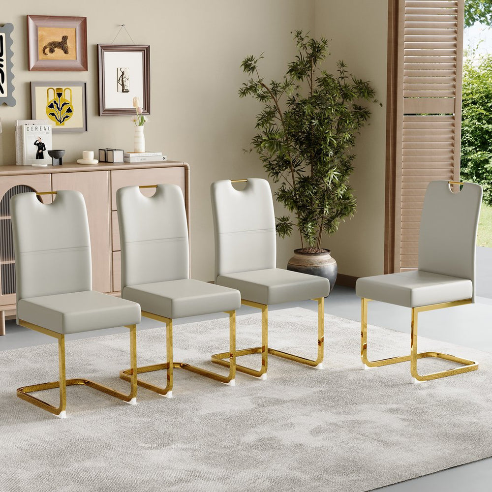 English Elm Modern Cantilever Gold Frame Pu Leather Dining Chairs Glam Set of Four Gray W3875P372988