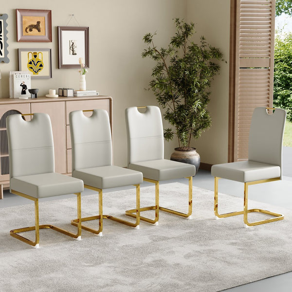 English Elm Modern Cantilever Gold Frame Pu Leather Dining Chairs Glam Set of Four Gray W3875P372988