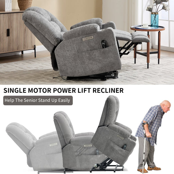 English Elm Emon's Overstuffed Chenille Power Lift Recliner with Massage Heat and Charging Ports Light Gray W1803S00091