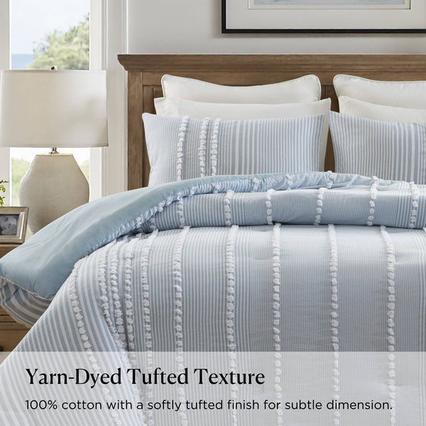 English Elm 3- Piece King Cotton Yarn Dyed Stripe Jacquard Pompom Comforter Set Oeko-tex Certified Blue B035P482893