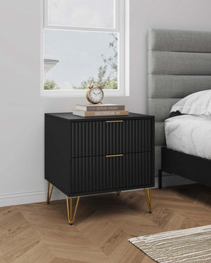 English Elm Dumbo 20" Fluted Nightstand In Black - Chic Glam Storage With Gold Accents & Tool-Free Assembly B365P398137