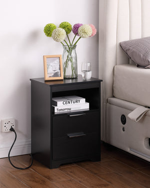 English Elm Nightstand with Drawer | 3-Tier Modern Bedside Table with Hidden Drawer, Open Shelves, Sturdy Build Black 25.9 L x 16.7 W x 5.5 H W3151P345809