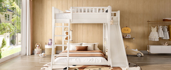 English Elm Full Size Kids Loft Bed Pine Frame Upholstered Headboard Built in Slide and Storage Shelves Beige W1580S00305