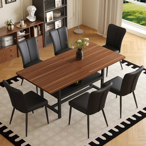 English Elm Table Set: Stylish Walnut Grain Dining Table With 6 Ergonomic Black Pu Chairs For Modern Homes W1151S04286-GIGA