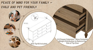 English Elm 6-drawer Wide Dresser Burnt Wood Grain Finish Copper Handles Roman Column Legs Bedroom Antique Brown,Light Brown W1445S00002