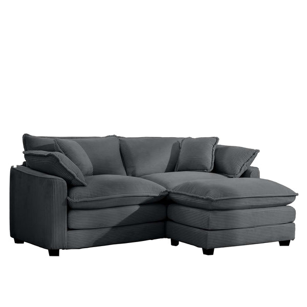 English Elm Corduroy L-Shaped Two-Seater Sofa With Ottoman – Cozy Grey Retro Design For Small Spaces & Comfort W714S00830