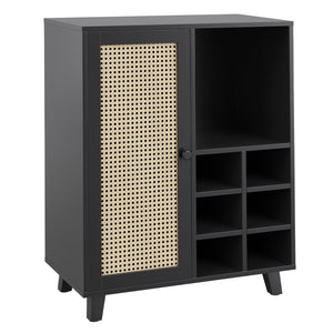English Elm Rattan Cane Front Sideboard with Drawers Adjustable Shelf Bohemian Storage Cabinet Black T3623P434767