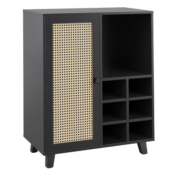 English Elm Rattan Cane Front Sideboard with Drawers Adjustable Shelf Bohemian Storage Cabinet Black T3623P434767