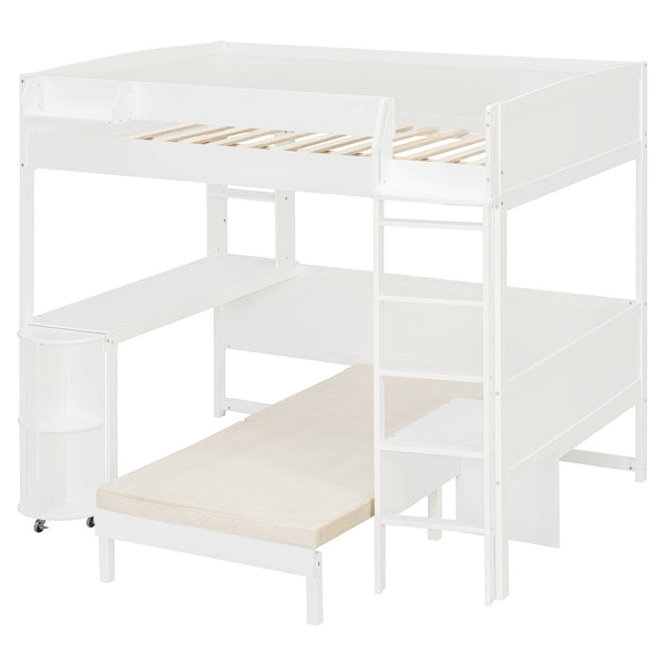 English Elm Full Size Loft Bed with Rotating Desk Led Lighting Sofa and Bookshelf Storage White LT000200AAK