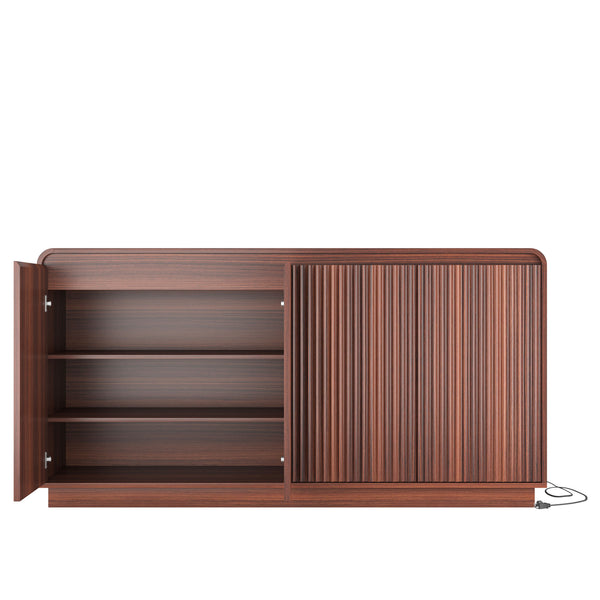 English Elm Black Fluted Wave Door Media Console with Built-in Power Outlet and Adjustable Shelving Walnut W409P452058