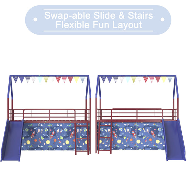 English Elm Jack Metal Junior Loft Bed With Slide & Curtain Set – Superhero Red & Blue Design For Fun Playtime! B083P354665