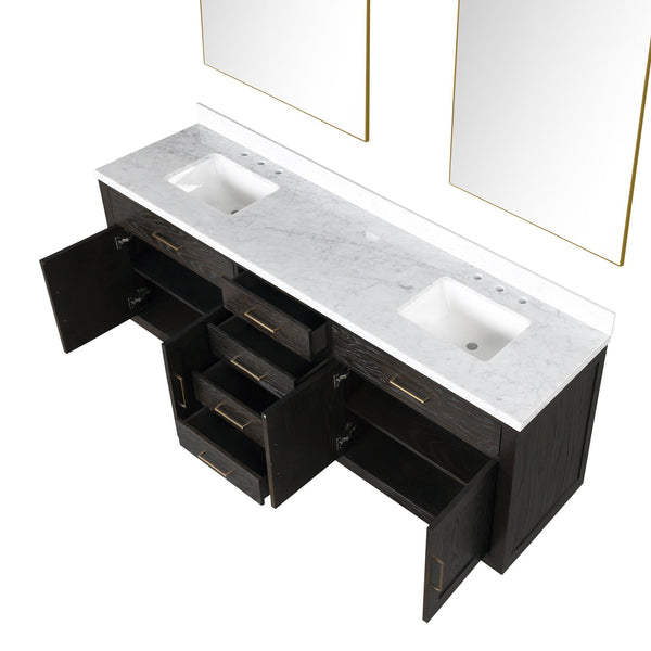 English Elm Brown Oak Double Bathroom Vanity with Carrara Marble Top and Frameless Mirrors B2731S01552