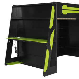 English Elm Full Size Wood Loft Bed with Rgb Lighting Desk Storage and Gaming Console Shelf Green LT000260AAG