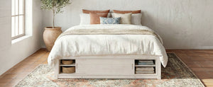 English Elm Queen Platform Bed with Four Storage Drawers Footboard Cubby Modern Low Profile Frame White LP000138AAK