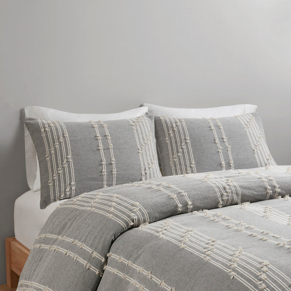 English Elm Full/Queen Kara Cotton Jacquard Duvet Cover Set – OEKO-TEX, button closure, ties, global striped & diamond design Gray 11.81 L x 9.84 W x 5.51 H B03596507