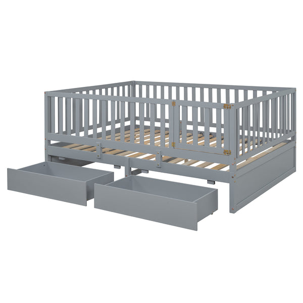 English Elm Full Size Pinewood Kids Daybed with Fence Rails Split Floor Bed and Storage Drawers Gray LP100882AAE