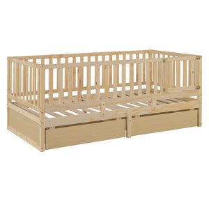 English Elm Twin Pinewood Daybed with Fence Guardrails Splits Into Two Floor Beds Storage Natural LP100881AAN