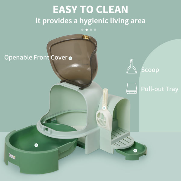English Elm PawHut Space Capsule Covered Cat Litter Box with Removable Tray, Front Door Access & Odor Control Green W2225P229423