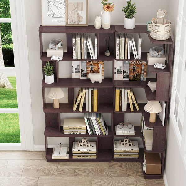English Elm Set of 2 Modular Corner Bookcases L Shaped and I Space Saving Home Office Shelving Ox Blood Red W2899S00002