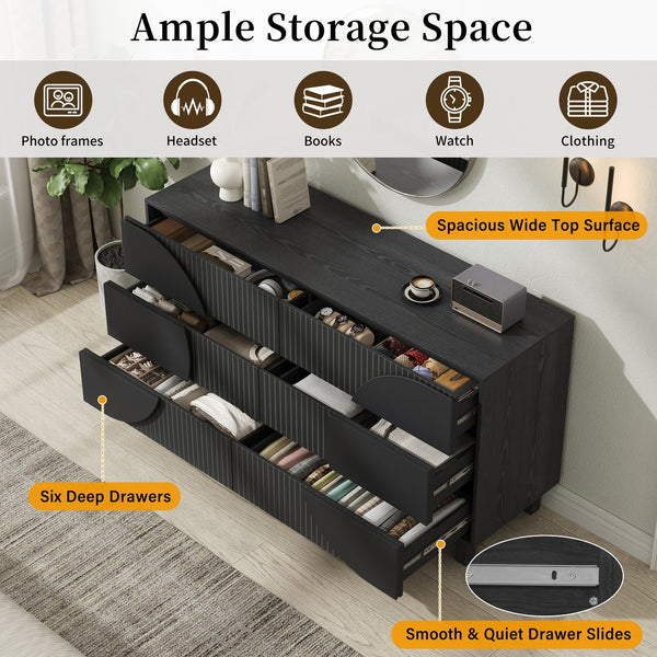 English Elm Modern Fluted 6 Drawer Dresser with Solid Wood Legs Japandi Chest for Bedroom Carbon Black N739S0000015E
