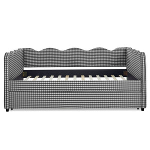English Elm Full Size Gingham Linen Daybed with Wave Backrest Trundle and Usb Charging Port Black W1413S00141