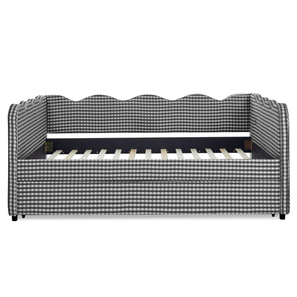 English Elm Full Size Gingham Linen Daybed with Wave Backrest Trundle and Usb Charging Port Black W1413S00141