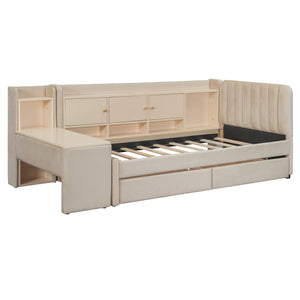 English Elm Twin Upholstered Daybed with Velvet Finish, High Back Shelves, Flip Cabinets, Drawers & Side Table Beige SF000196AAA