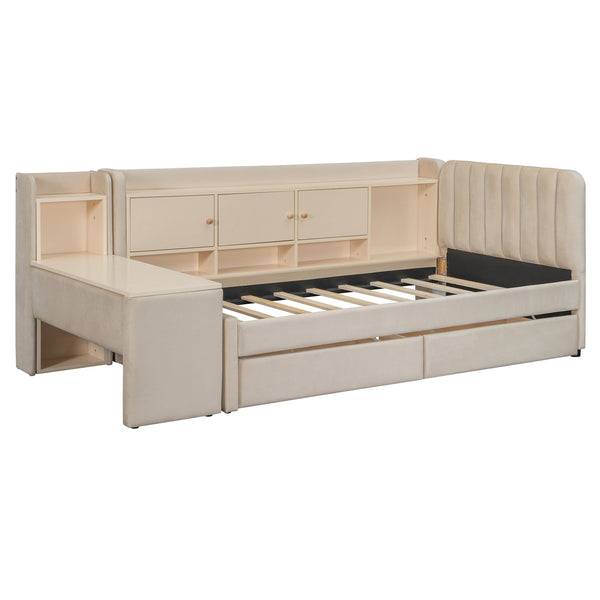 English Elm Twin Upholstered Daybed with Velvet Finish, High Back Shelves, Flip Cabinets, Drawers & Side Table Beige SF000196AAA