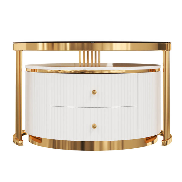 English Elm Modern Round Nesting Coffee Table Set with Gold Pedestal Legs and Storage Drawers Brown,White N735P349323D
