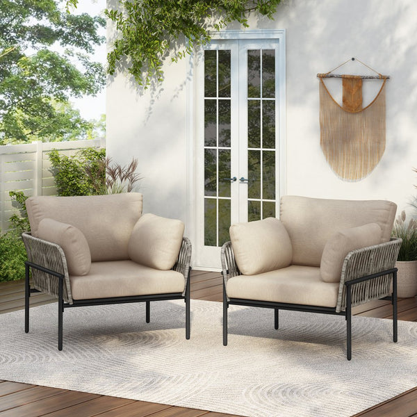 English Elm Christopher Knight Home® - [Set Of 2] 36" Beige Iron Lounge Chairs With Plush Cushions & Rope Weave, Perfect For Indoor/Outdoor N767P237035G_2