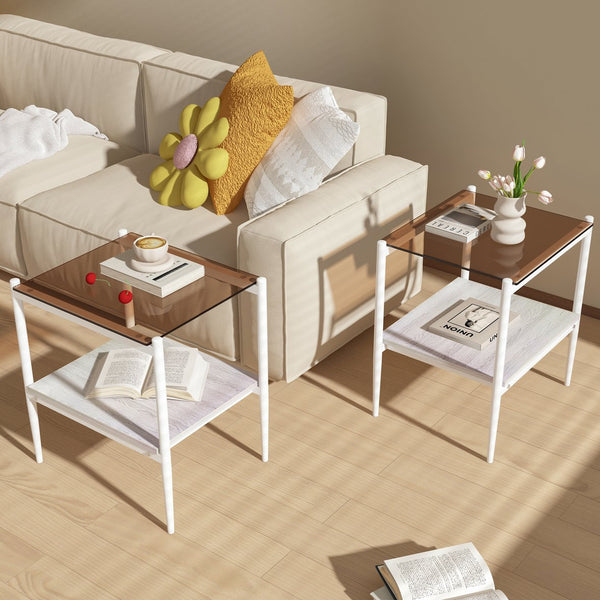 English Elm Coffee Table And End Tables Set Of 3 – Modern Brown Glass, Sturdy Iron Legs, Ideal For Living Room W241S00044