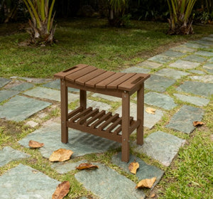 English Elm Shower Bench with Two Tier Storage Shelf Hdpe Wood Grain Finish for Bath or Poolside Brown T3971P417774