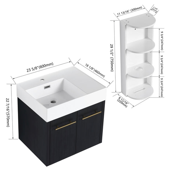 English Elm 24 Inch Wall-Mounted Bathroom Vanity Set With Thick Resin Sink, Storage Rack & Soft-Close Doors W999S00366