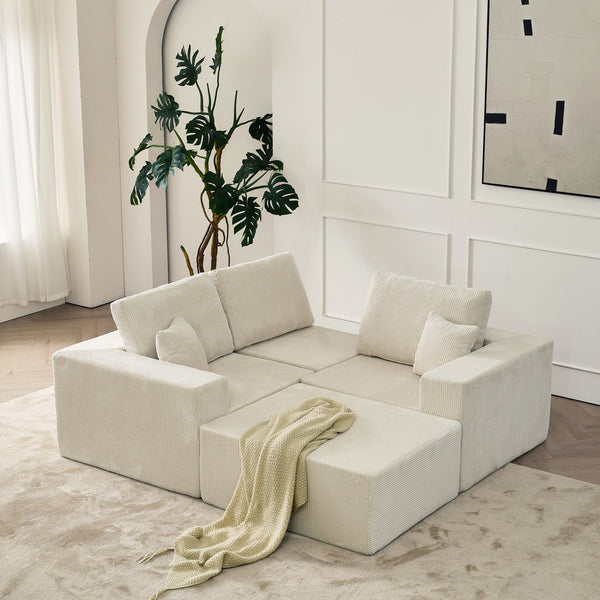 English Elm 110" Cloud Modular Sectional Sofa Boneless Corduroy 3-Seater with Ottoman & 2 Pillows, No Assembly, Luxurious Comfort Beige W2656S00011
