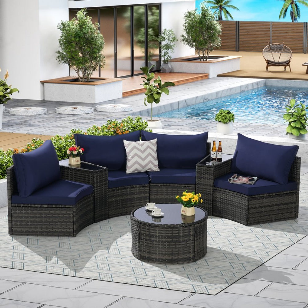 English Elm Outdoor Patio Furniture Set - 7-Piece Half-Moon Sectional With Durable Cushions & Glass Table W874S00045-GIGA