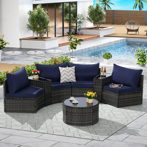 English Elm Outdoor Half Moon Sectional Set 7 Piece Rattan Sofa with Tempered Glass Coffee Table Dark Blue W874S00045