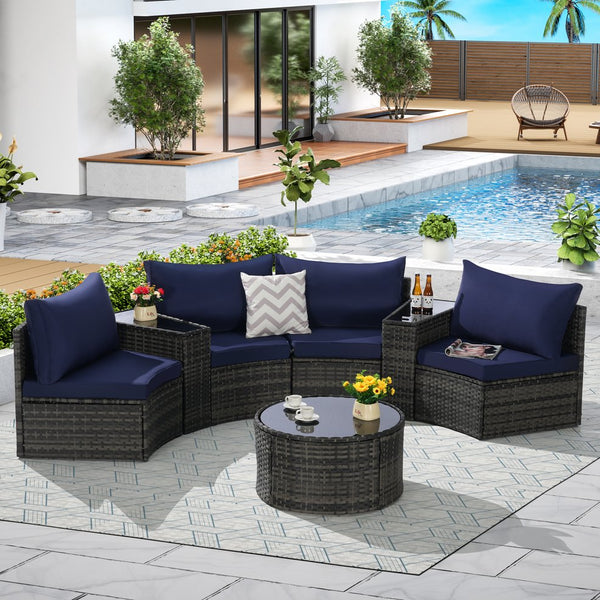 English Elm Outdoor Half Moon Sectional Set 7 Piece Rattan Sofa with Tempered Glass Coffee Table Dark Blue W874S00045