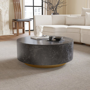 English Elm Tavola Round Coffee Table with Marble Pattern Top and Metal Legs, Two Drawers for Stylish Storage Grey B341P321161