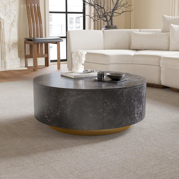 English Elm Tavola Round Coffee Table with Marble Pattern Top and Metal Legs, Two Drawers for Stylish Storage Grey B341P321161