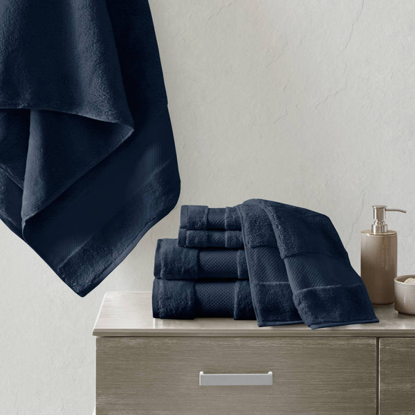 JLA Home Madison Park Signature - Cotton Luxurious 6-Piece Turkish Bath Towel Set 600 GSM Oversized Plush Dobby Border, OEKO-TEX Certified Navy MPS73-468
