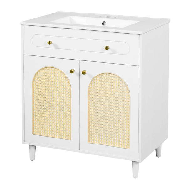 English Elm 30" Rattan Front Bathroom Vanity Solid Pine Cabinet with Ceramic Sink and Adjustable Shelf White N710P293988K